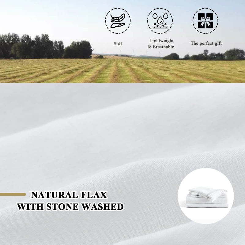 Simple&Opulence 100% Linen Duvet Cover Set Comforter Queen Size (88" x 92")-3pcs French Washed Flax Textured Soft Bedding with Striped Detail, 1 Duvet Cover and 2 Pillowcases (White) - Image 4